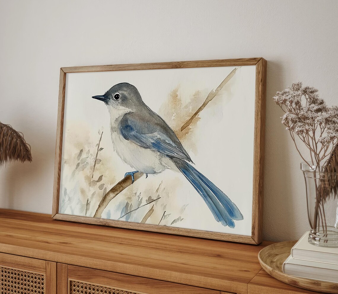 Grey Catbird Watercolor Art Print, Bird On Branch - Image 4