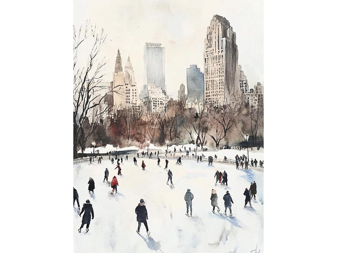 Central Park Painting Ice Skating Watercolor Art Print New York Skyline Print Winter Cityscape Wall Art Travel Poster Christmas Gifts