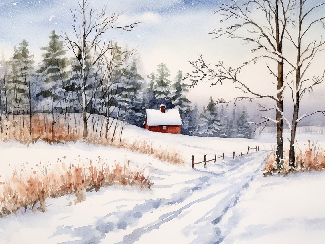 Christmas Snowy Farmhouse Watercolor Painting, Idaho