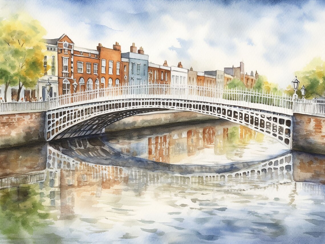 Hapenny Bridge Watercolor Art Print, Dublin Cityscape