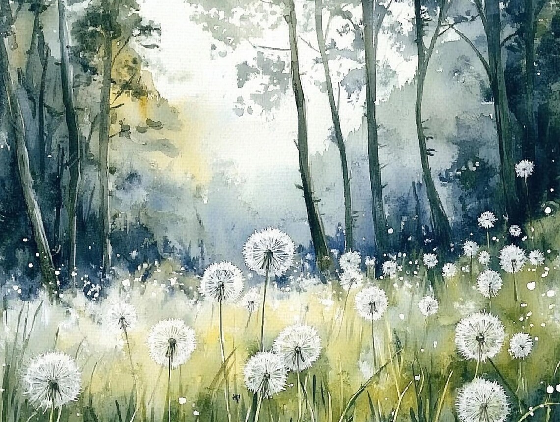 Summer Field Fluffy Dandelion Watercolor Art Print
