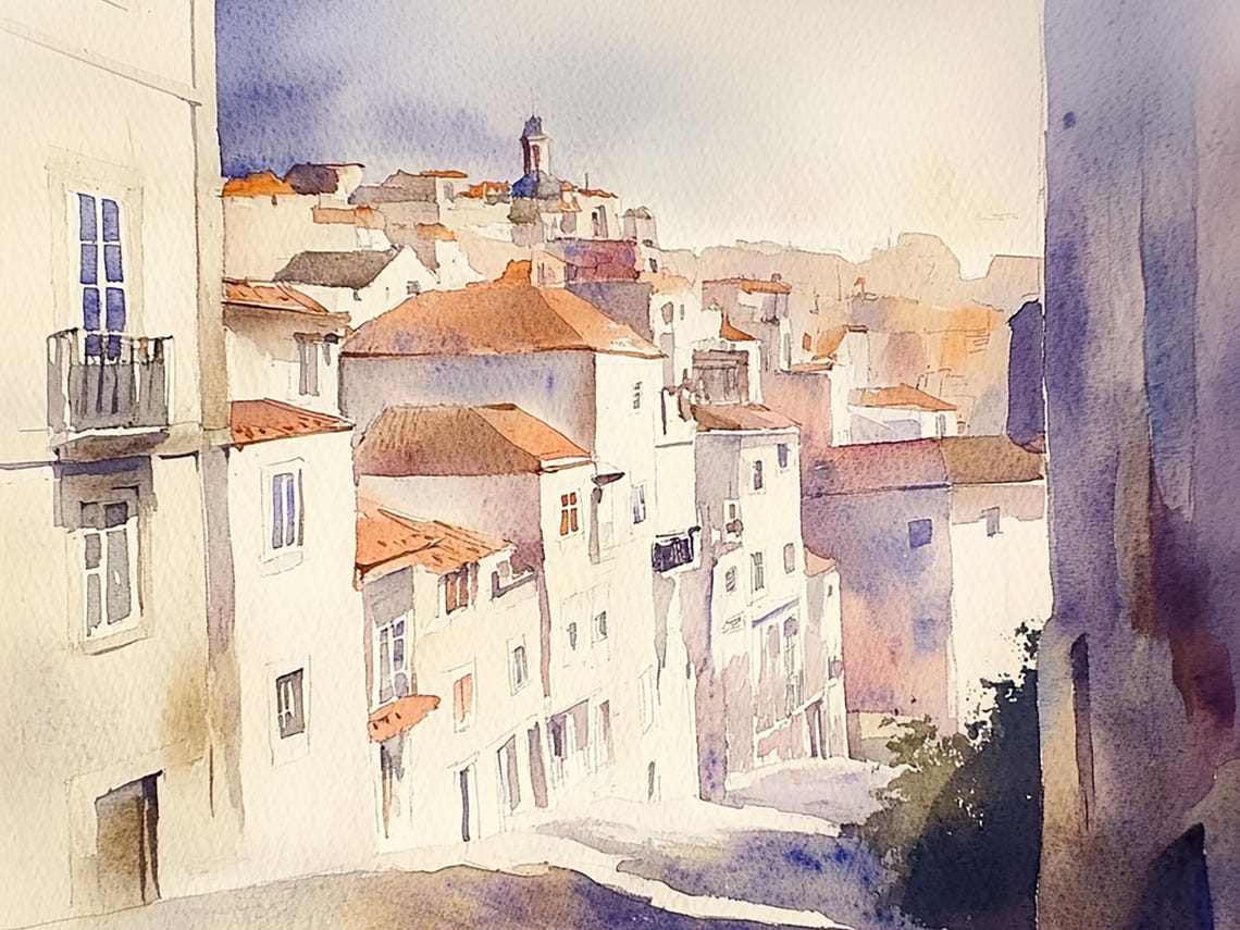 Lisbon Painting Portugal Cityscape Watercolor Art Print Street Scene Wall Art Architecture Sketch Travel Poster