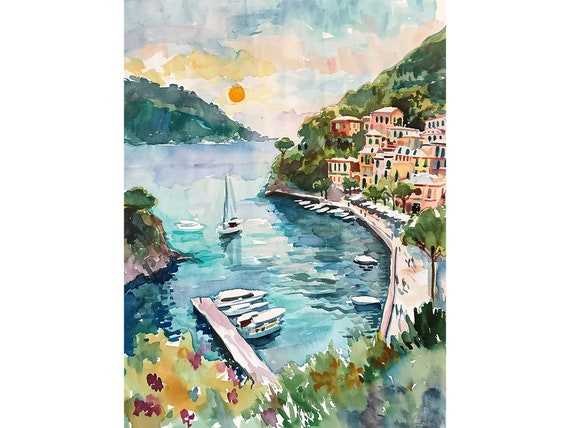 Portofino Watercolor Print, Italian Cityscape Wall Art