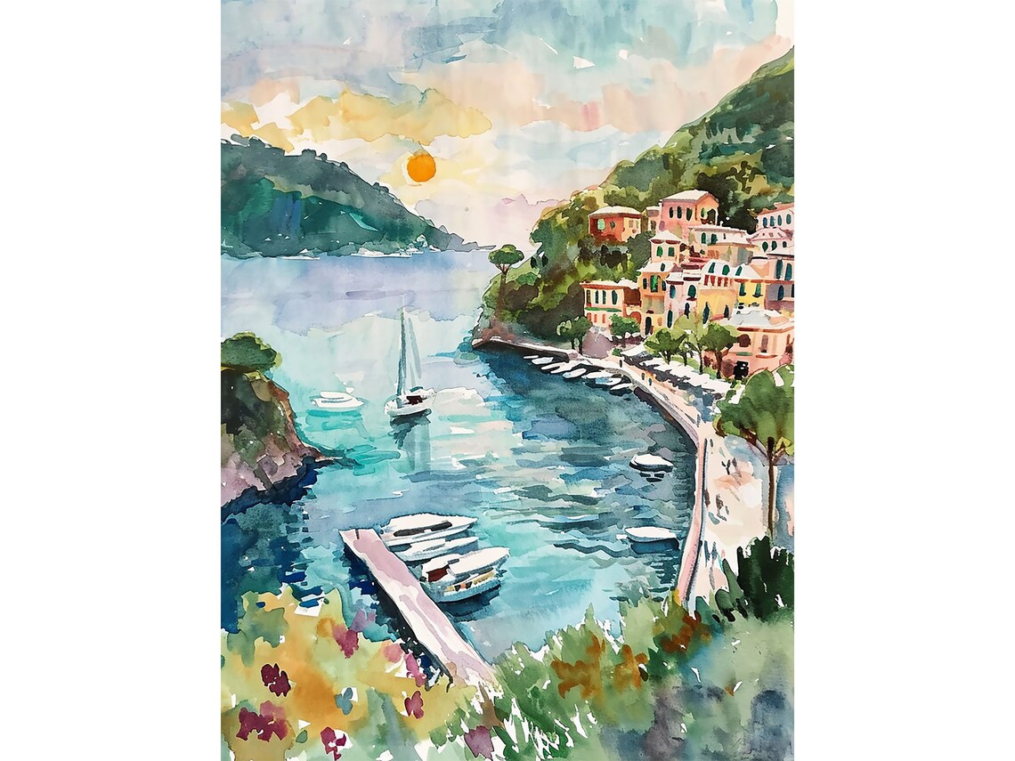 Portofino Watercolor Print, Italian Cityscape Wall Art