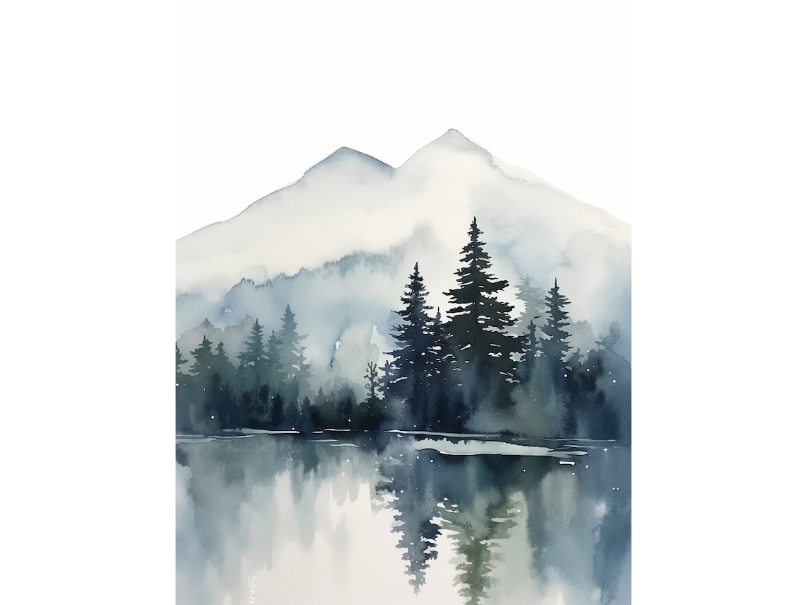 Sawtooth Lake Watercolor Mountain Lake Art Print