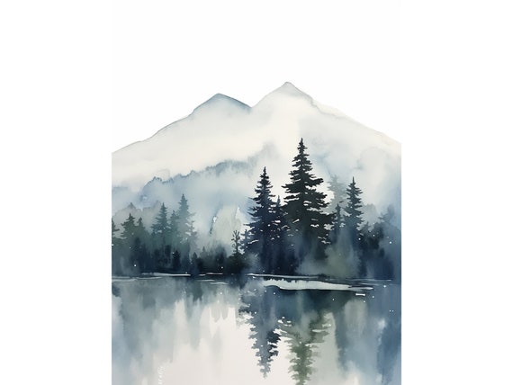 Sawtooth Lake Watercolor Mountain Lake Art Print