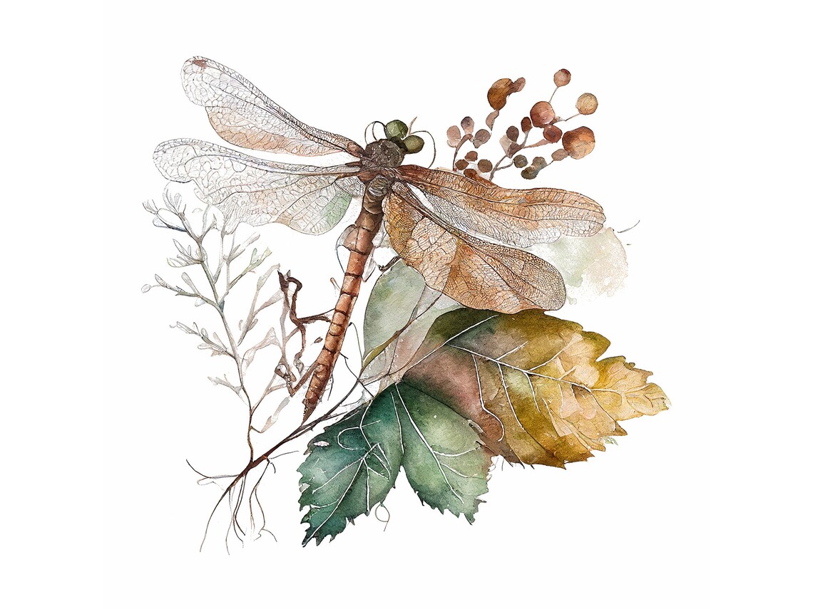 Dragonfly Watercolor Art Print, Botanical Fall Leaves