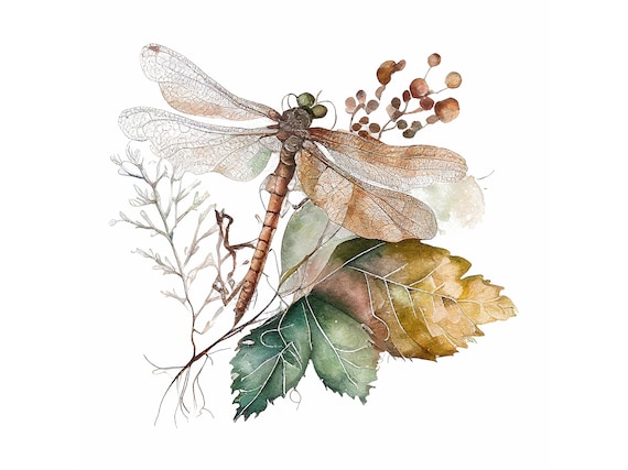 Dragonfly Watercolor Art Print, Botanical Fall Leaves