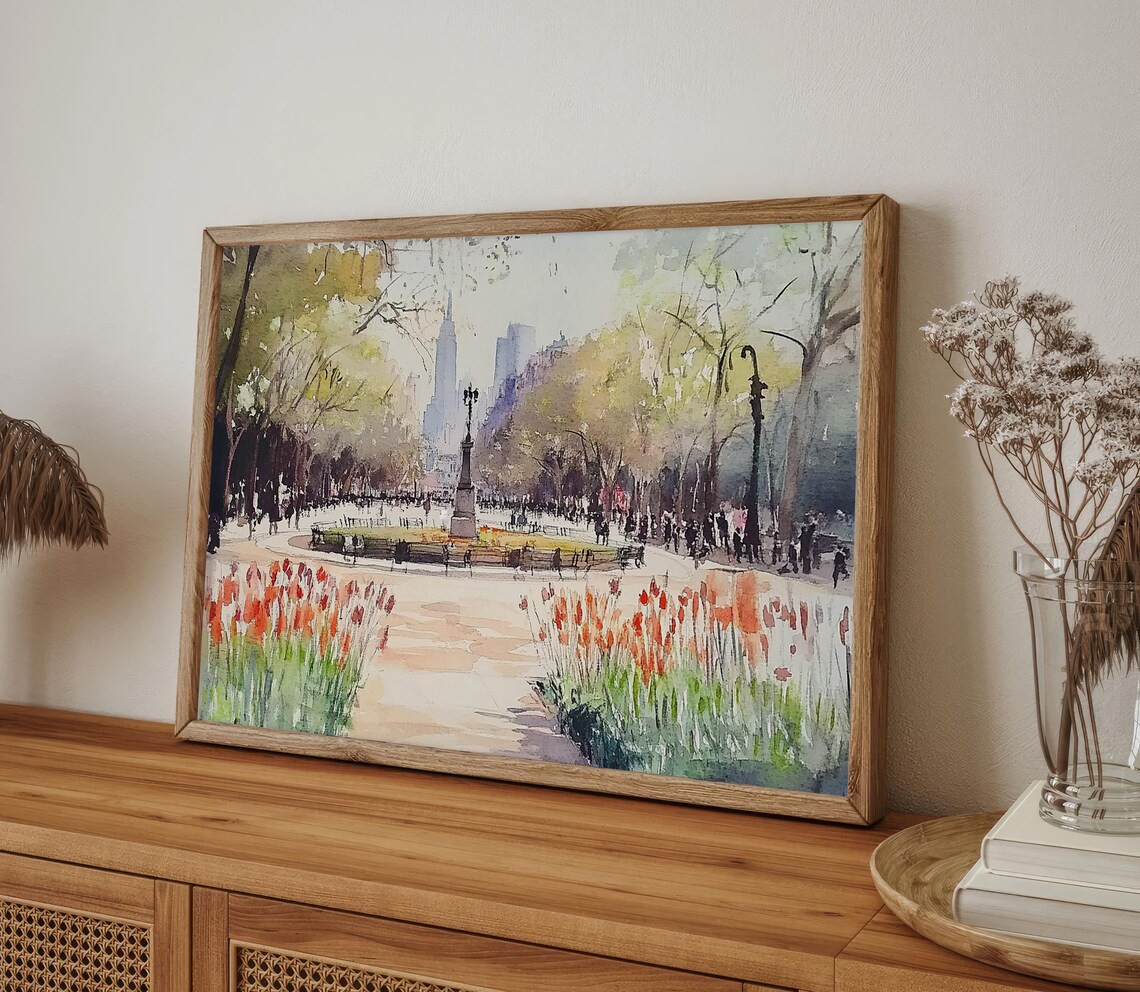 New York Central Park Plaza Spring Watercolor Cityscape Poster - Image 4