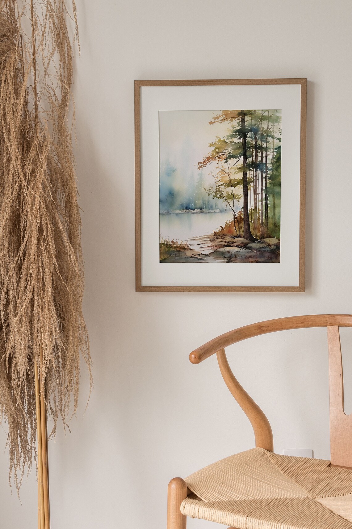 Serene Misty Lakeshore with Tall Pines at Dawn Watercolor Poster - Image 3