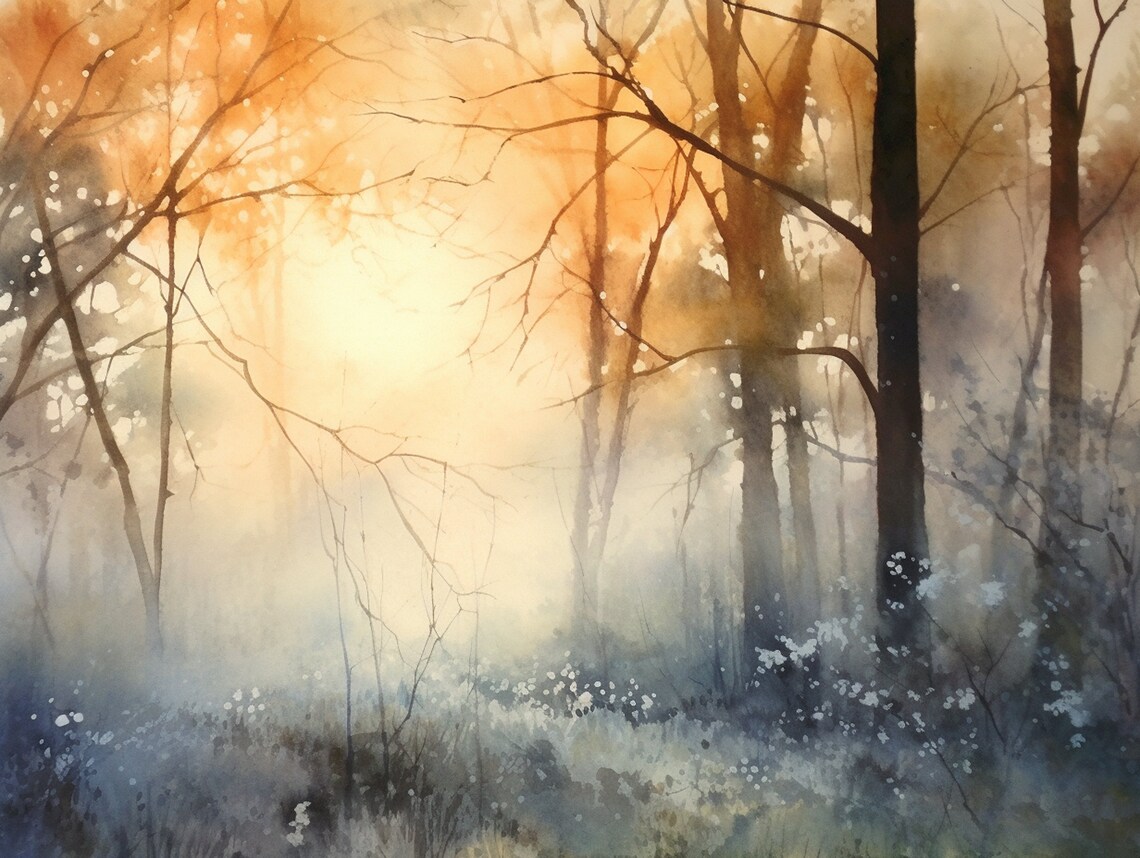Misty Sunrise Forest Watercolor Woodland Golden Light Poster