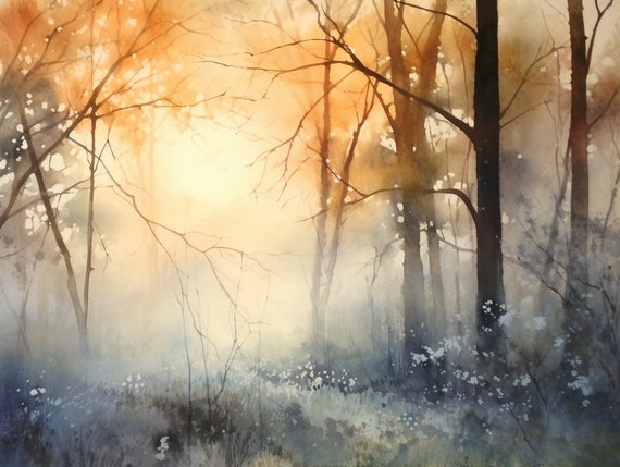 Sunrise Painting Virginia Forest Watercolor Misty Forest Landscape Art Print Foggy Trees Art Loose Watercolor Art