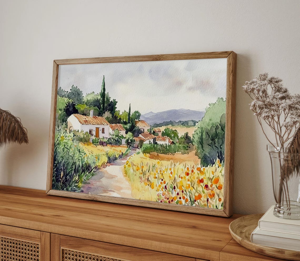 Soutomaior Painting Spanish Countryside Watercolor Art Print Spain Wall Art Camino Hiking Print Yellow Field Art Travel Poster - Image 4