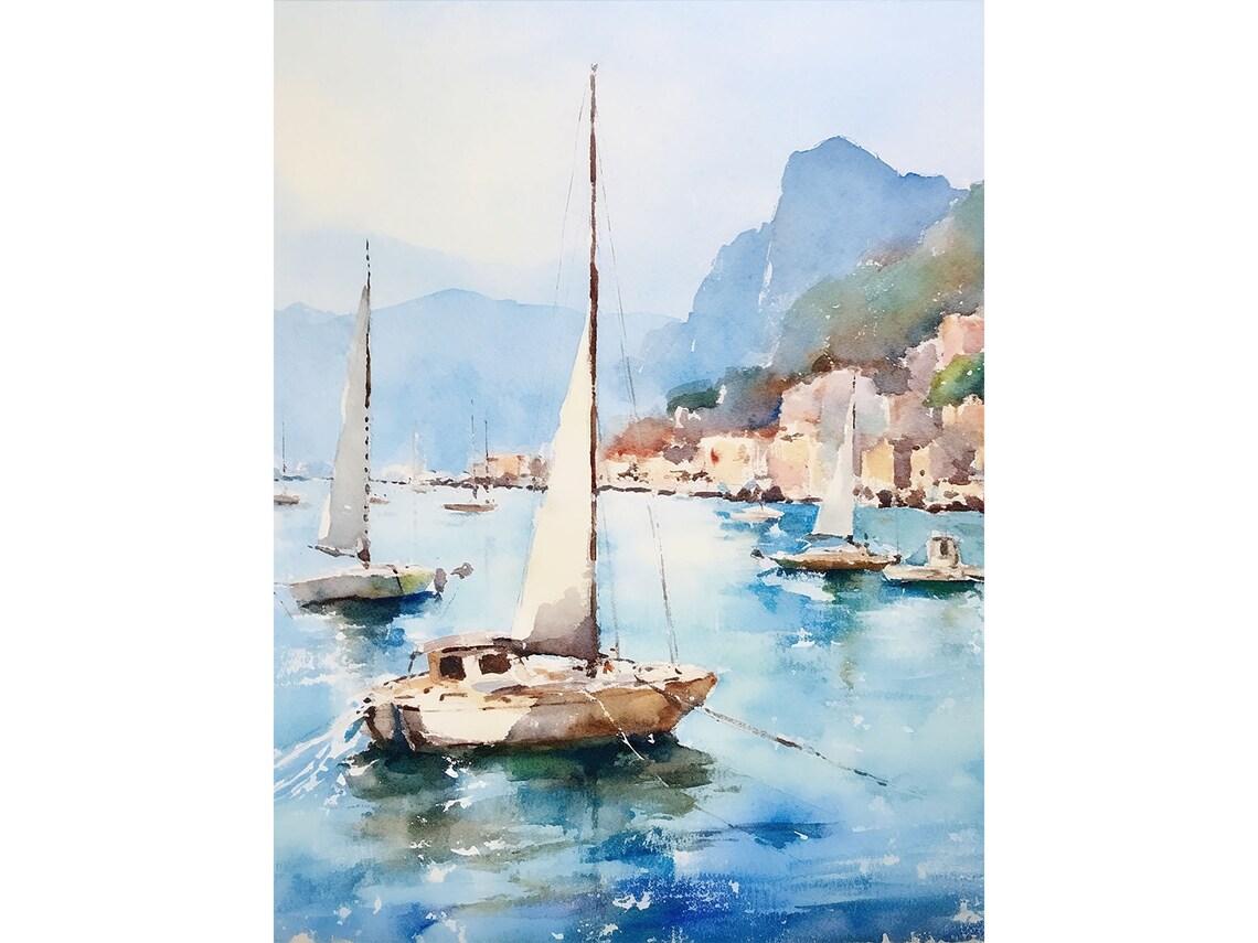Capri Watercolor Art Print, Italian Island Seascape