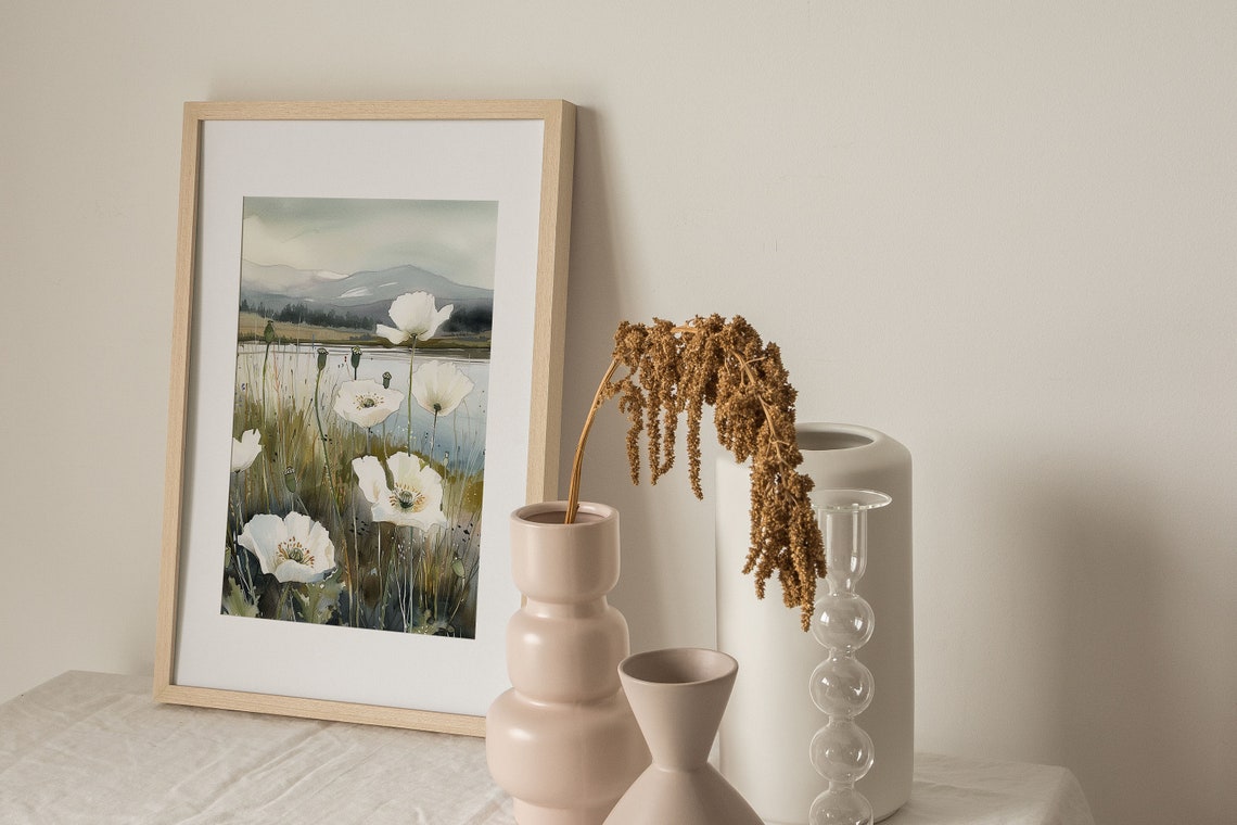 White Poppy Lakeside Meadow Watercolor Wildflower Field Poster - Image 4