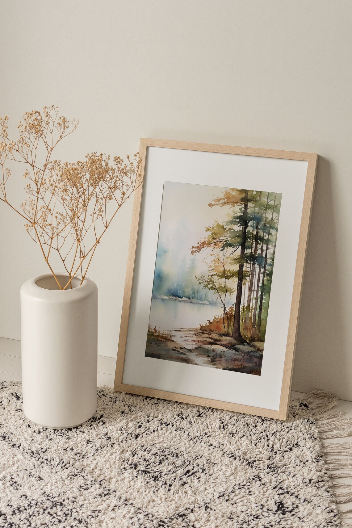 Serene Misty Lakeshore with Tall Pines at Dawn Watercolor Poster - Image 2