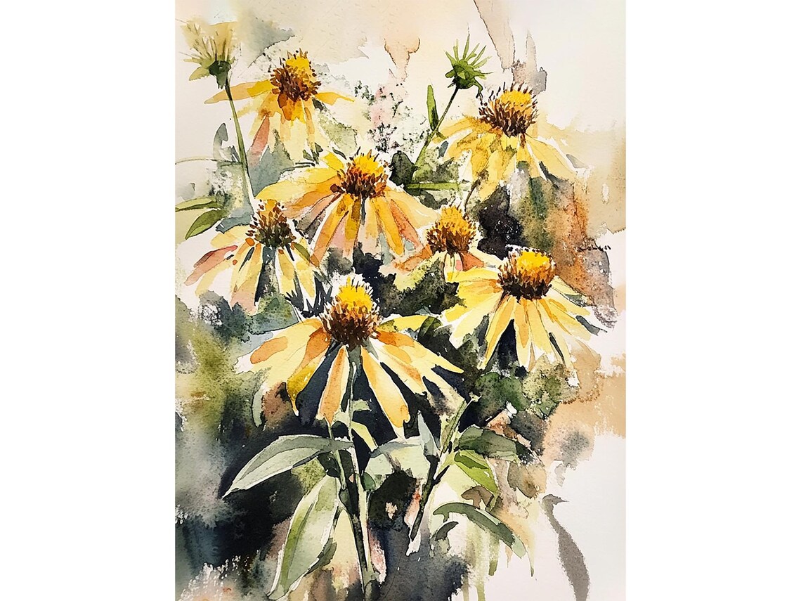 Yellow Coneflowers Wildflower Bouquet Watercolor Floral Poster