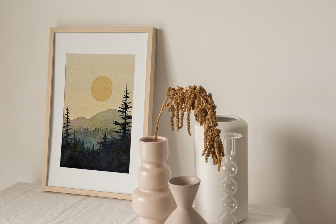 Golden Sun Over Misty Pine Mountains Silhouette Watercolor Dusk Poster - Image 3