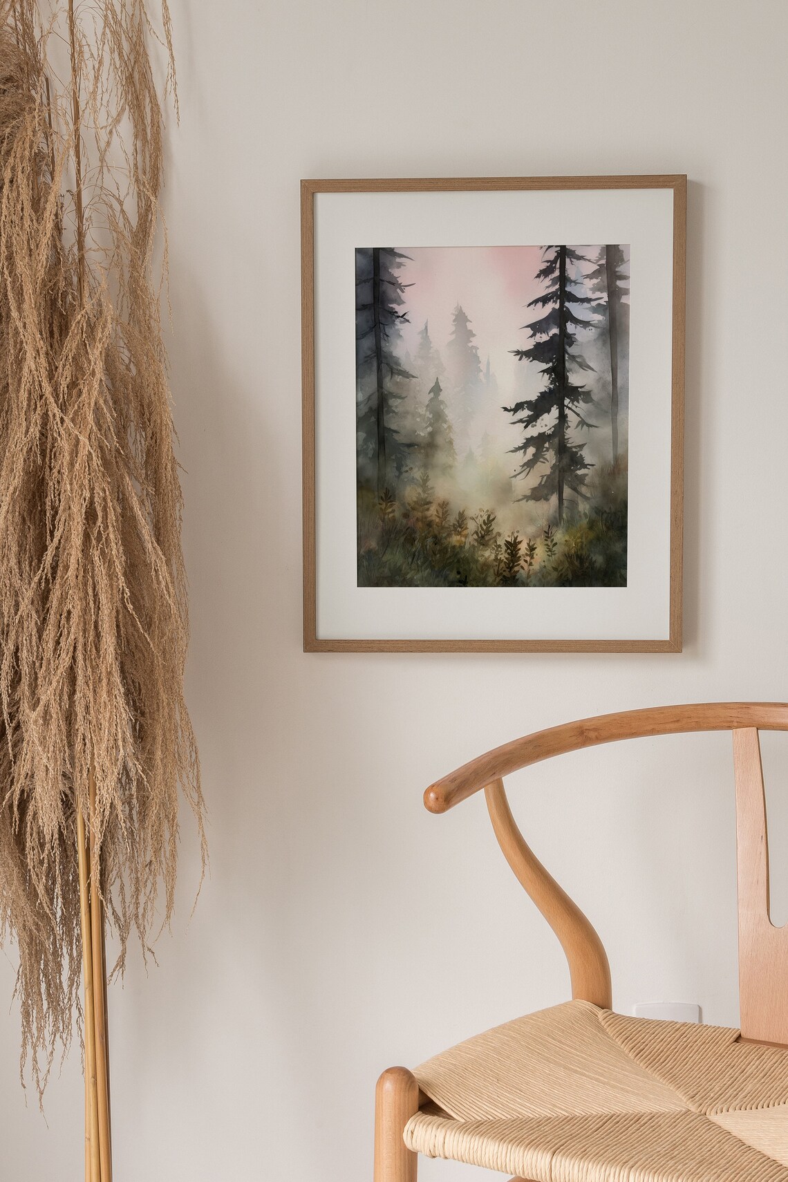 Pine Forest Watercolor Foggy Sunrise Art Print - Image 3