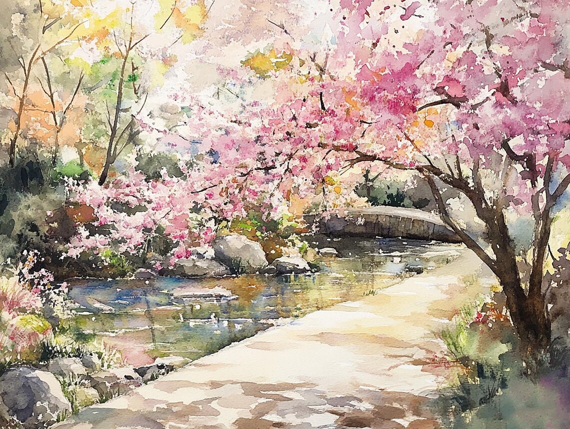 Kyoto Cherry Blossom Landscape Watercolor Art Print