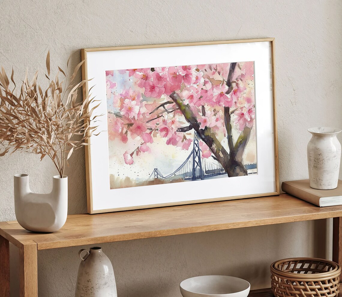Portland Cherry Blossom Bridge Watercolor Spring Floral Poster - Image 4