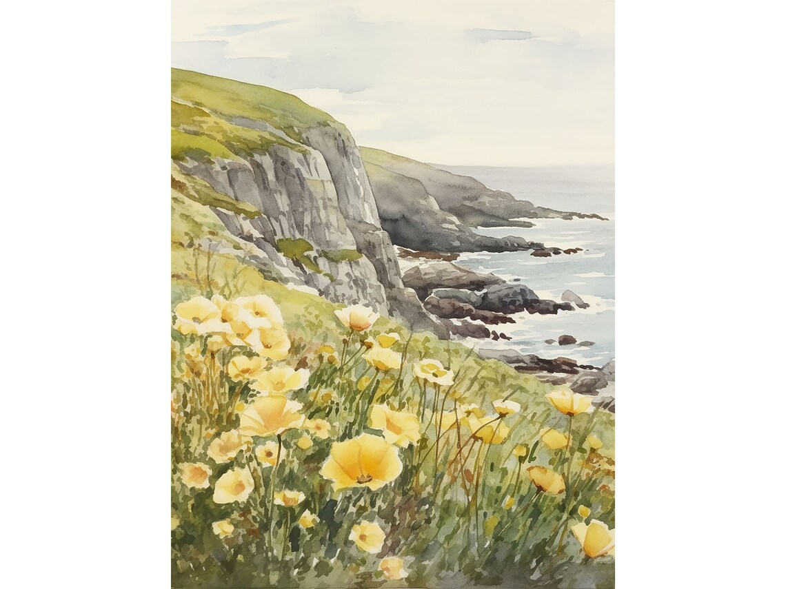Kerry Cliffs Watercolor Coastal Landscape Art Print
