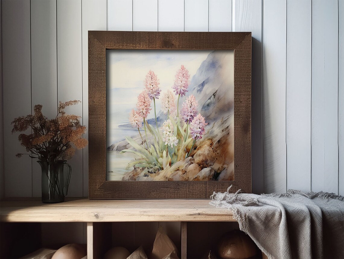 Pink Hyacinth Blooms on a Rocky Coastal Cliff Watercolor Poster - Image 2