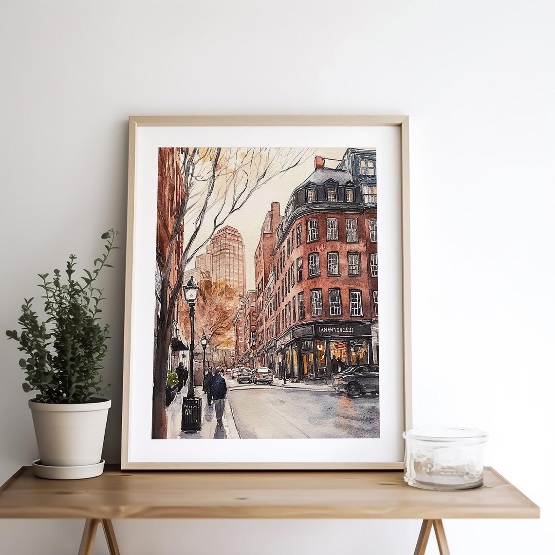 Historic Red Brick Street with Gas Lamps at Dusk Watercolor Poster - Image 4