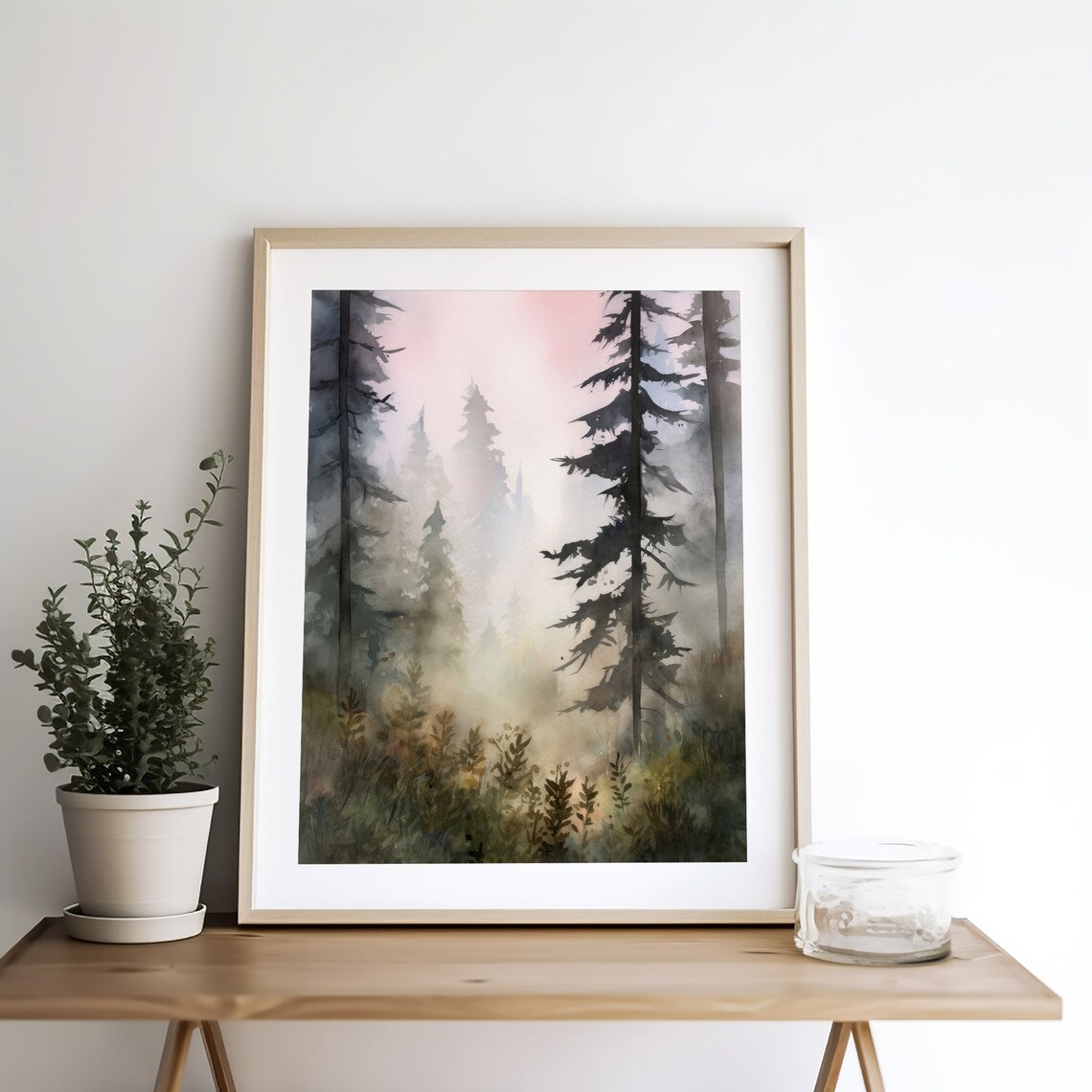 Pine Forest Watercolor Foggy Sunrise Art Print - Image 5