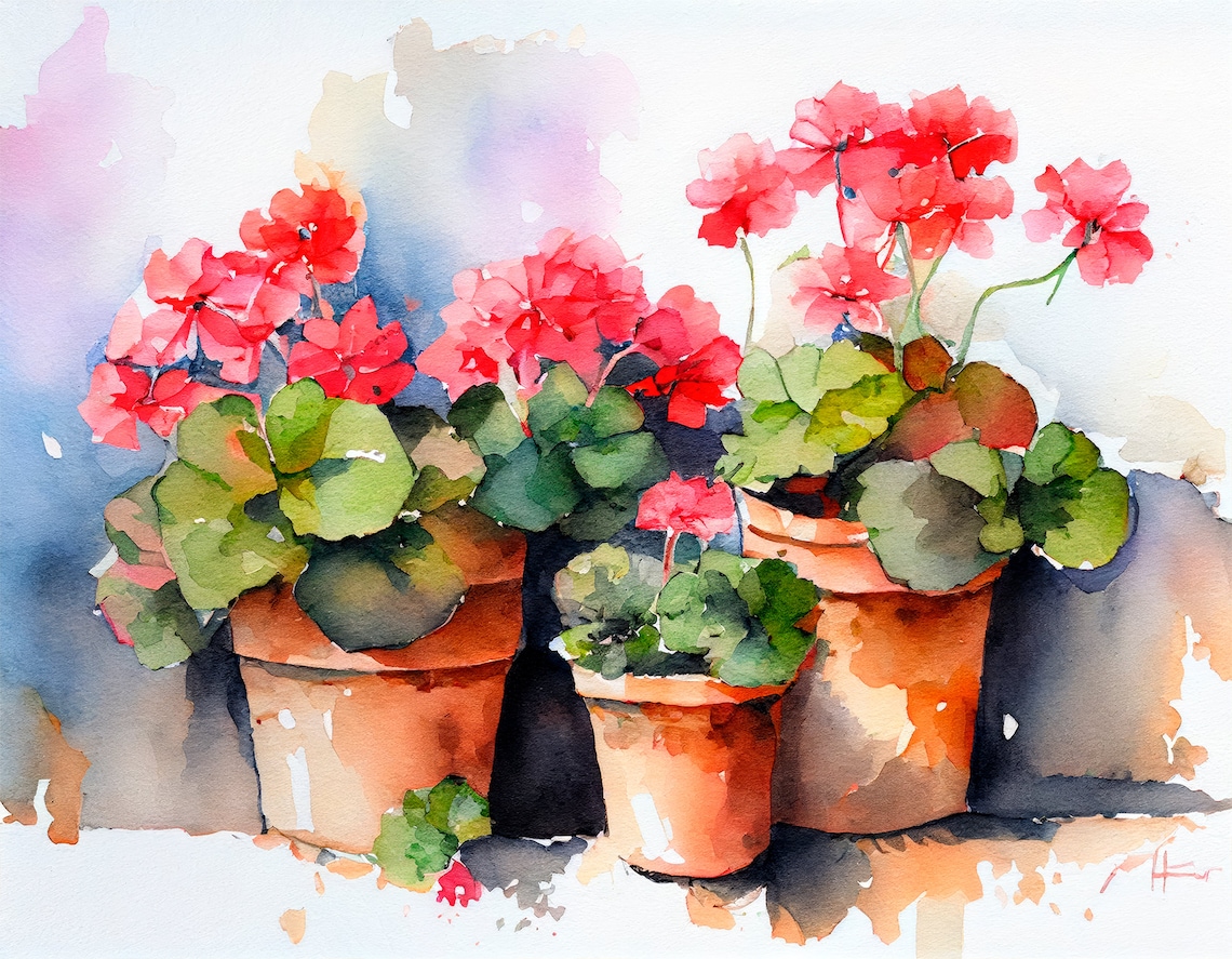 Geranium Painting Watercolor Art Print, Farmhouse Decor