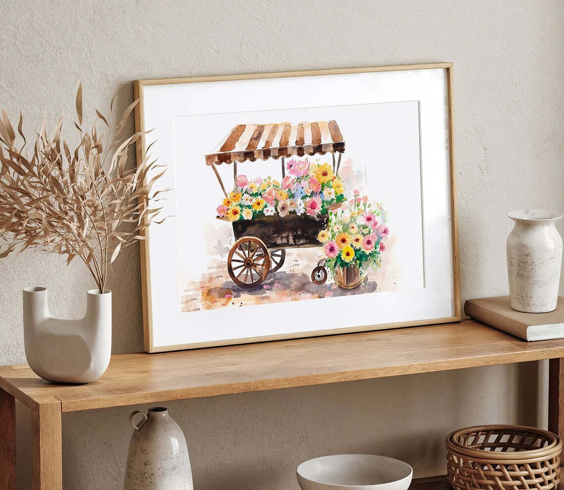 Flower Cart Market Stall Striped Awning Watercolor Floral Poster - Image 3