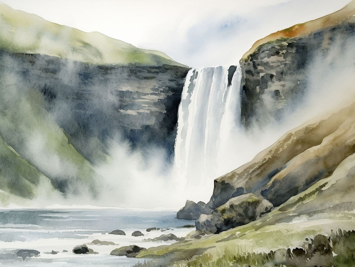 Skogafoss Watercolor Art Print, Iceland Waterfall