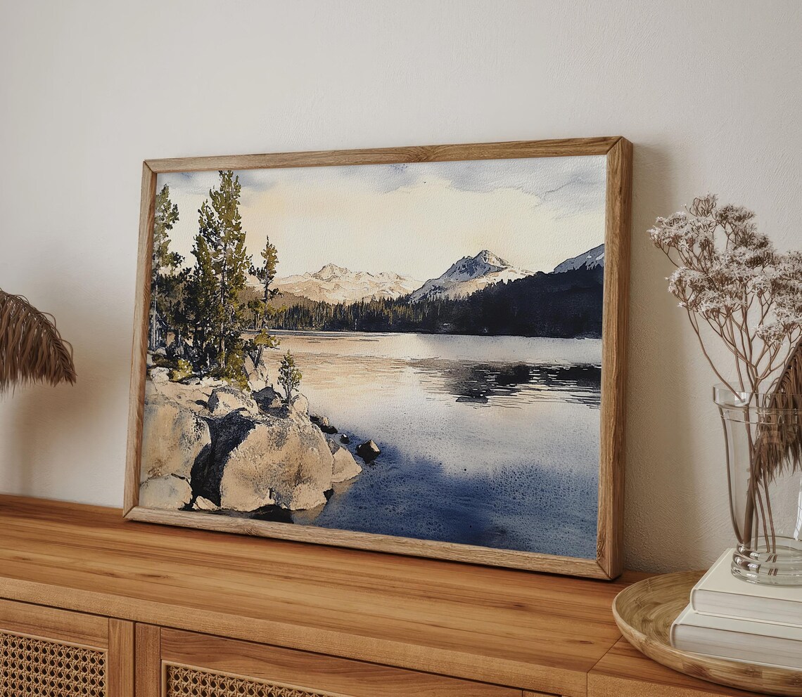 Lake Alpine Mountain Lake Watercolor Landscape Art Print - Image 4