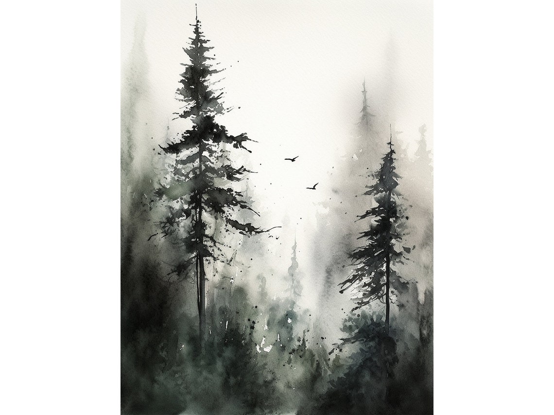 Tall Pines Emerging from Dense Fog in Black Ink Wash Painting Poster