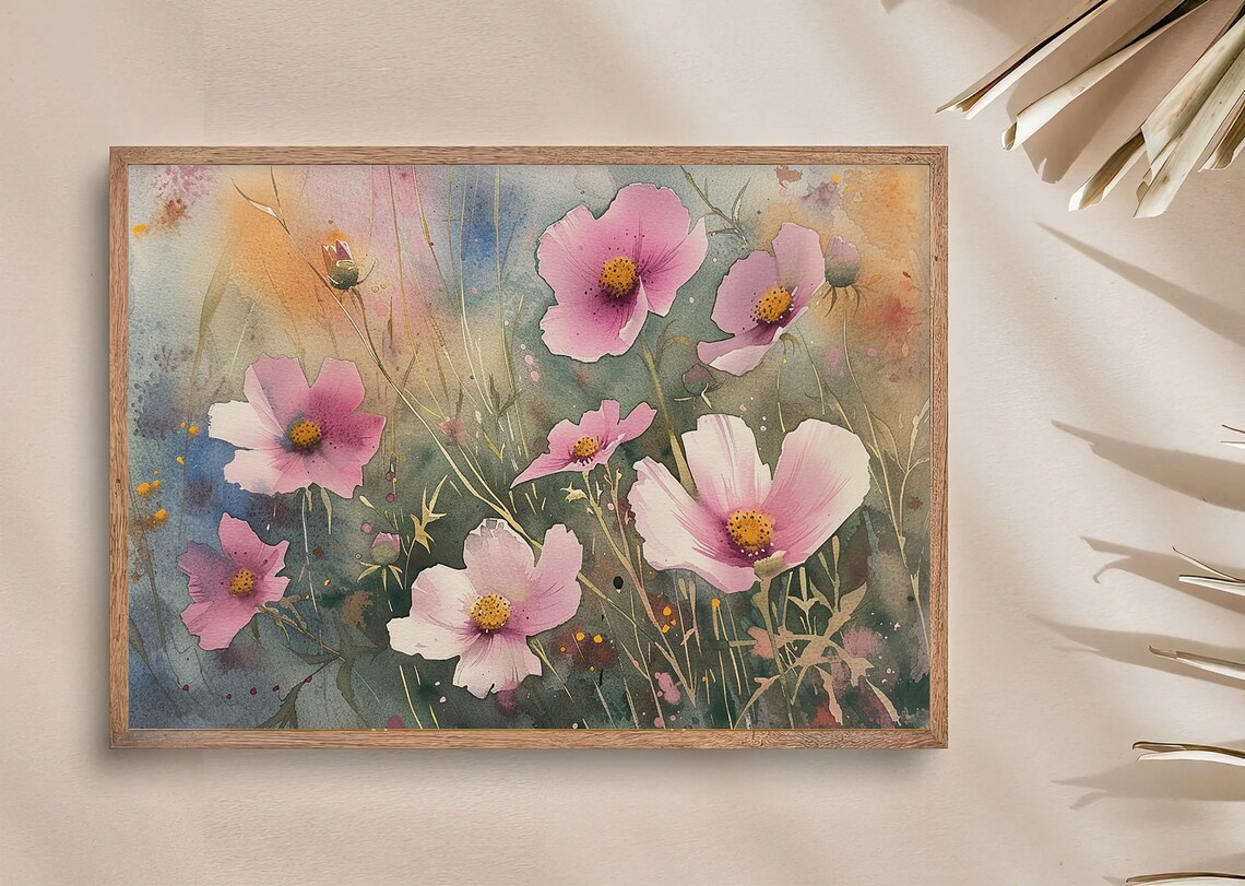 Pink Cosmos Flowers Wildflower Meadow Watercolor Garden Bloom Poster - Image 3