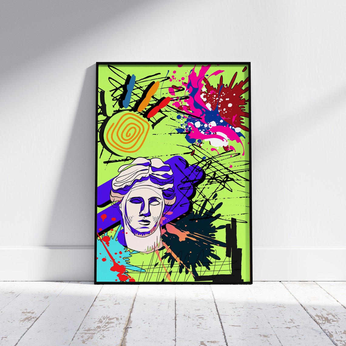 Greek Statue Head Neon Graffiti Abstract Pop Art Splatter Poster