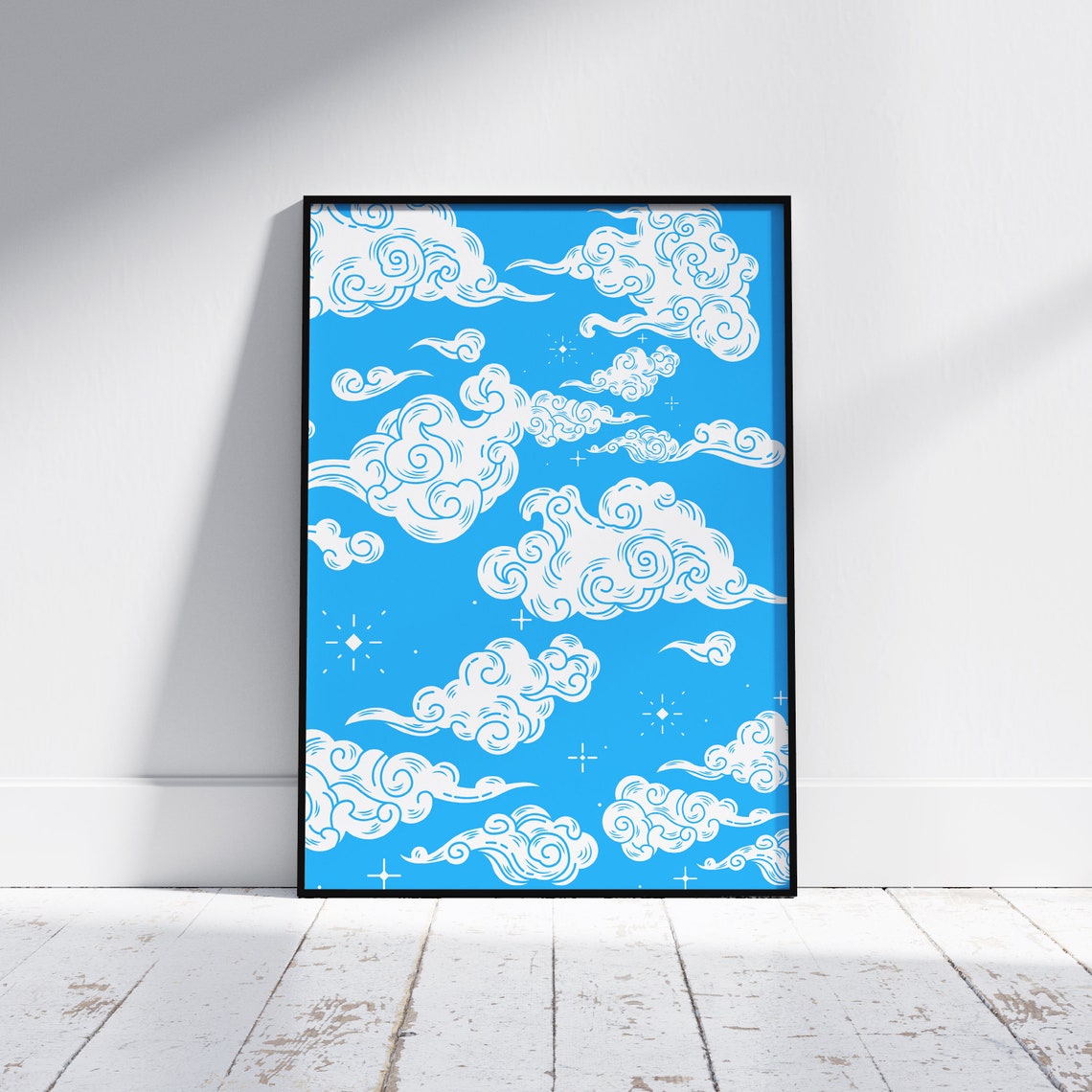Blue Sky White Cloud Pattern Aesthetic Line Art Cheerful Poster