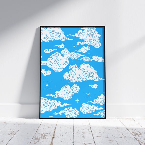 Blue Sky And Clouds Poster Light Blue Sky Poster Cloud Drawing Decor Sky Illustration Wall Art Blue Sky Print Sky Art