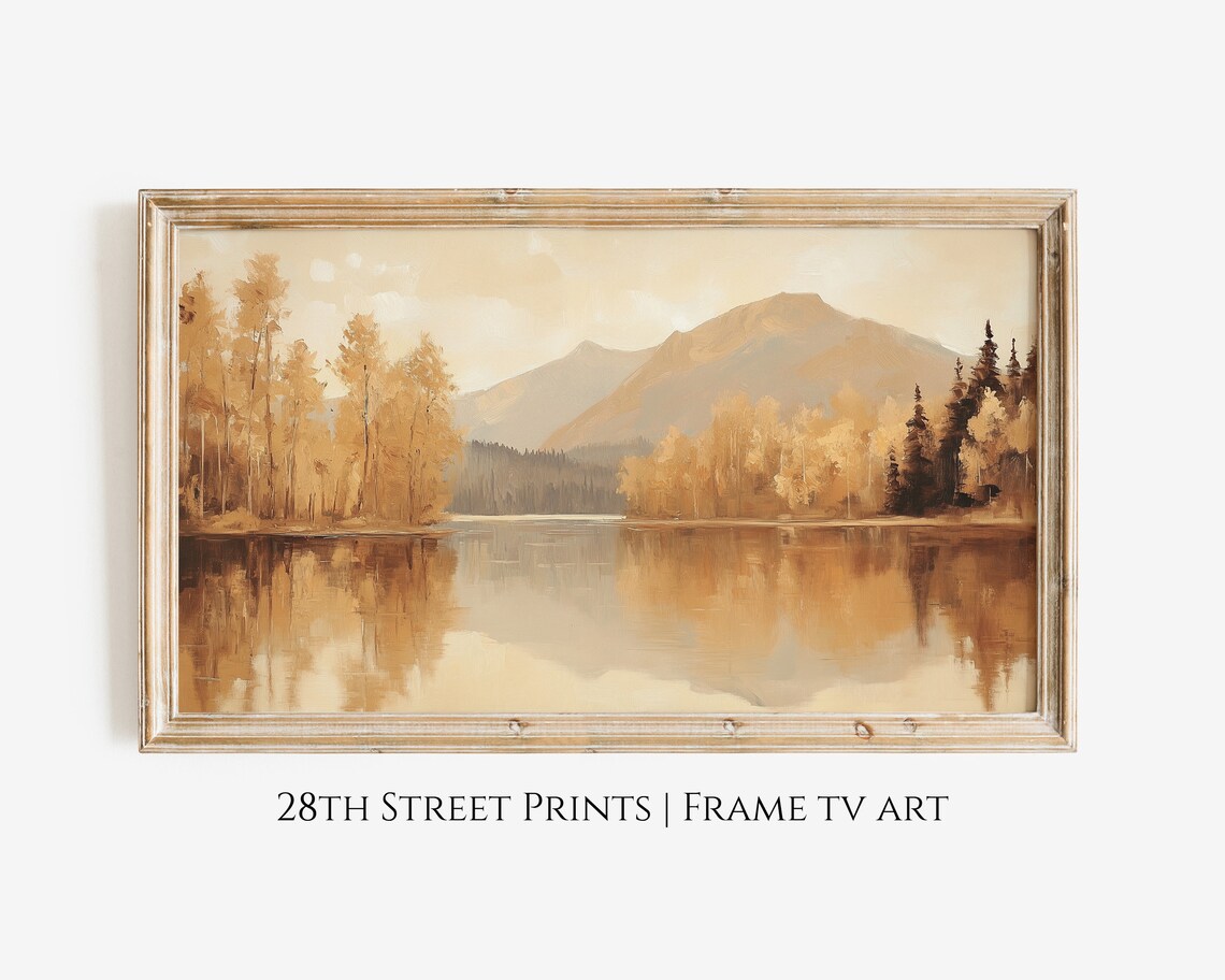 Golden Autumn Lake Beige Trees Mountain Reflection Neutral Landscape Poster
