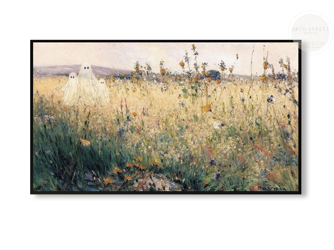Three Cute Ghosts Wildflower Field Soft Golden Halloween Painting Poster - Image 3