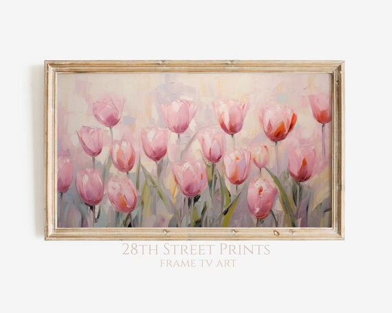 Muted Pink Tulips Sage Background Spring Floral Impressionist Art Print