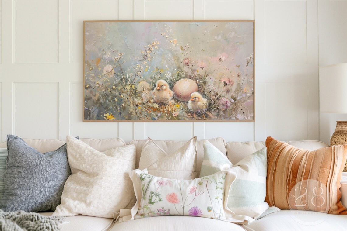 Baby Chicks Easter Egg Wildflower Meadow Pastel Spring Painting Art Print - Image 2