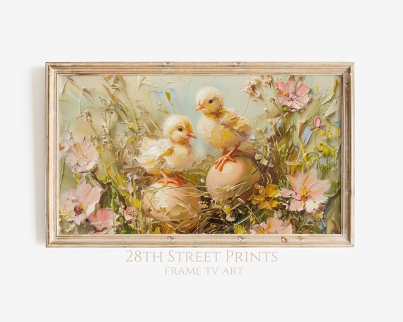 Baby Chicks On Easter Eggs Pink Blossom Spring Floral Painting Art Print