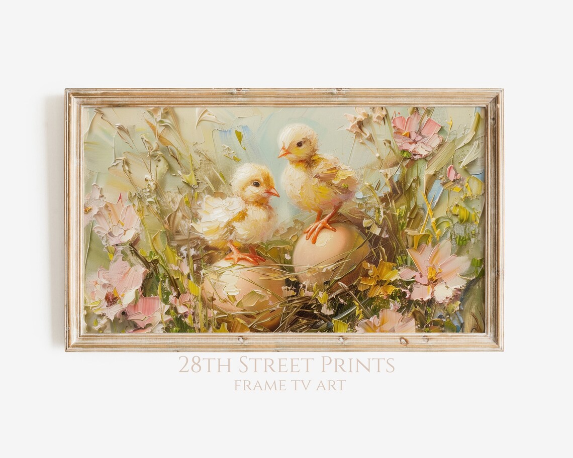 Baby Chicks On Easter Eggs Pink Blossom Spring Floral Painting Art Print