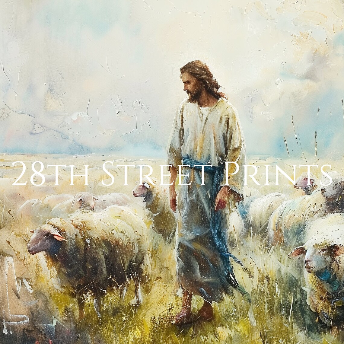 Jesus Christ Good Shepherd Walking With Sheep Golden Wheat Field Art Print - Image 3
