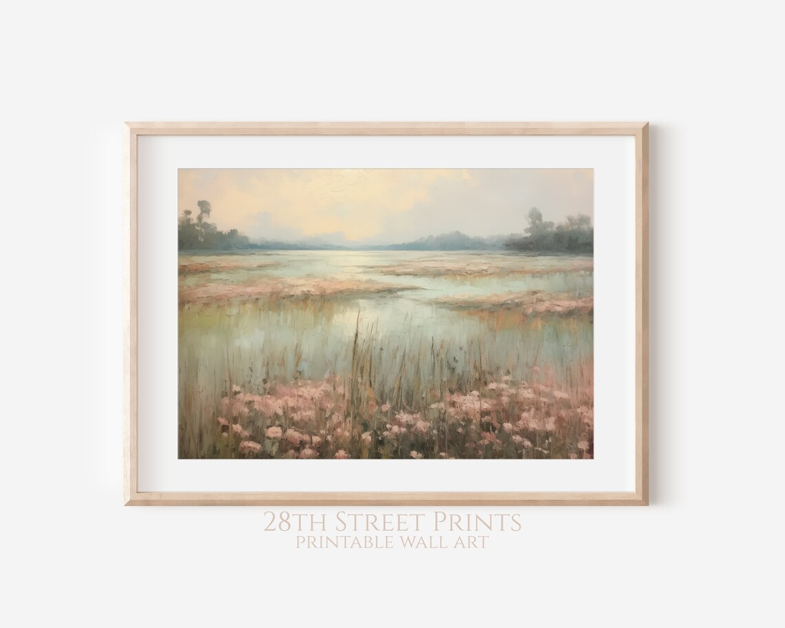 Pink Wildflowers Wetland Marsh Soft Pastel Spring Landscape Painting Poster - Image 3