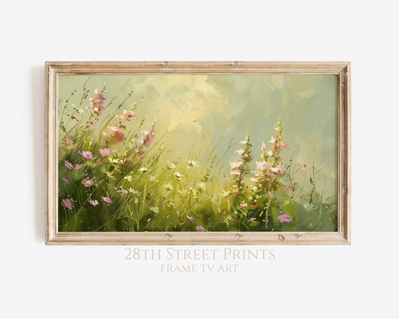 Sunlit Meadow Pink Wildflowers Tall Grasses Golden Morning Painting Art Print
