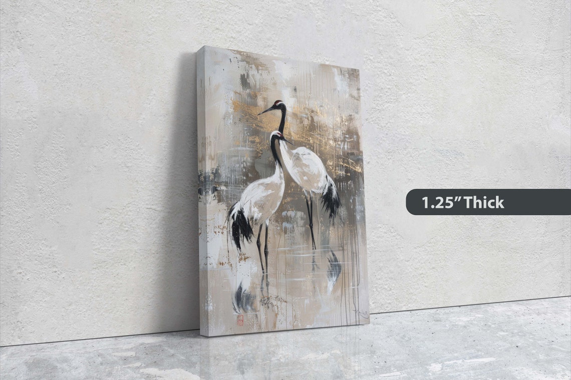 Pair of Japanese Cranes Gold Beige Minimalist Watercolor Art Poster - Image 3