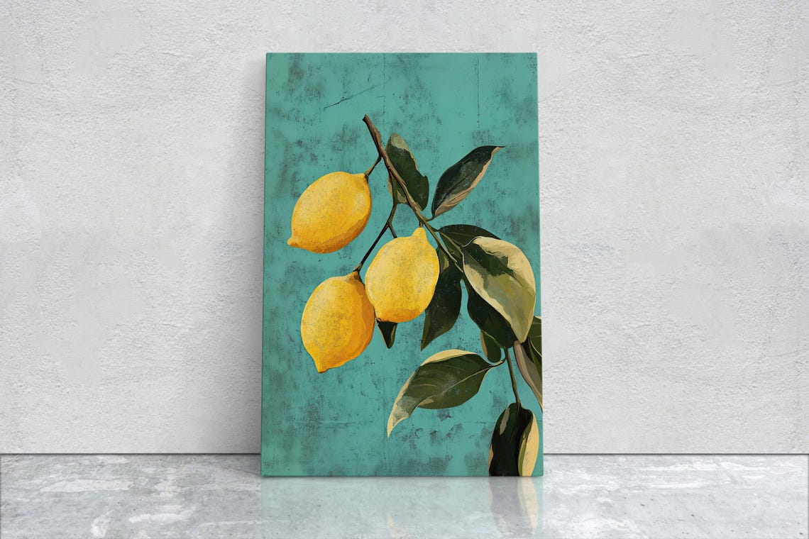 Vintage Lemons On Branch Teal Distressed Kitchen Fruit Poster - Image 2