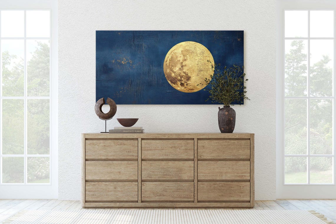 Golden Full Moon On Deep Indigo Night Sky Celestial Art Poster - Image 2
